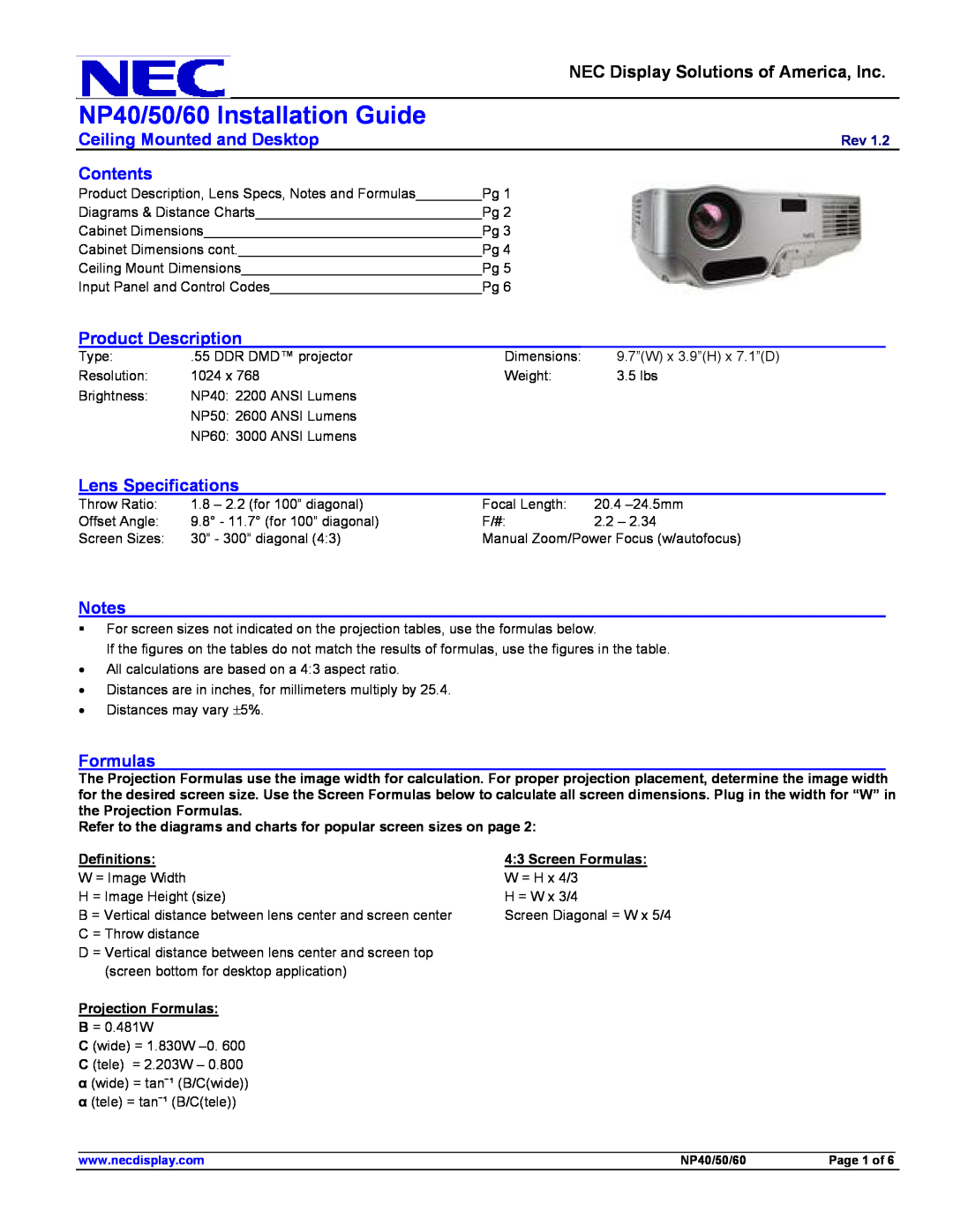 NEC specifications NP40/50/60 Installation Guide, Ceiling Mounted and Desktop, Contents, Product Description, Formulas 