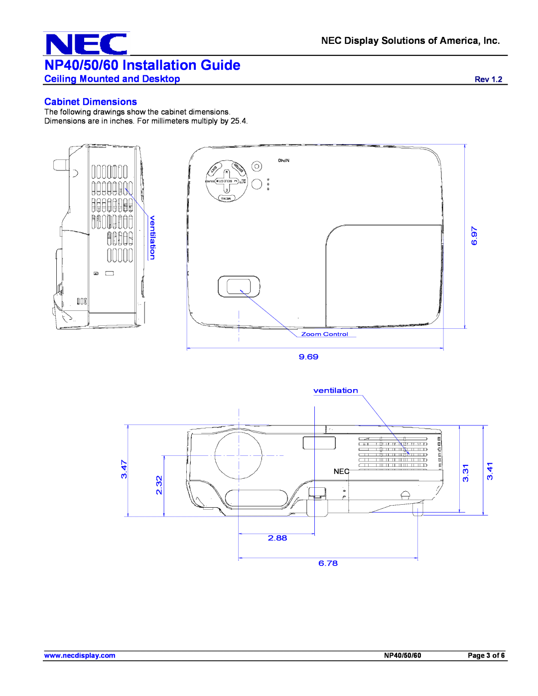 NEC Cabinet Dimensions, NP40/50/60 Installation Guide, NEC Display Solutions of America, Inc, ventilation, 3.47, 2.32 