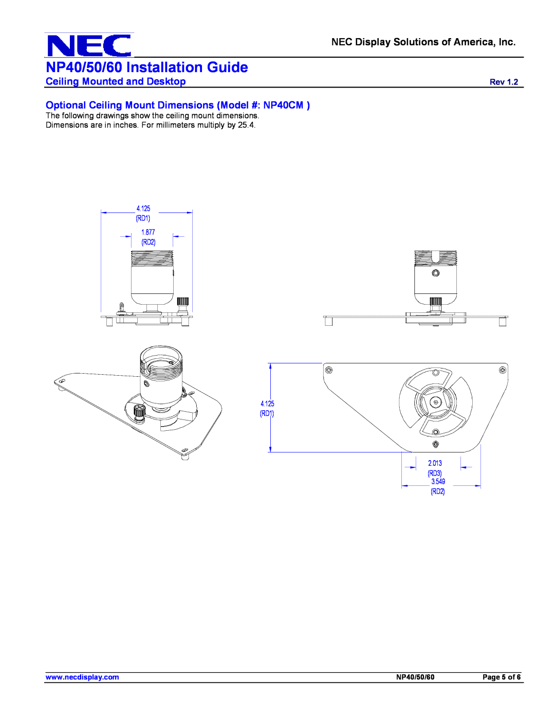 NEC Optional Ceiling Mount Dimensions Model # NP40CM, NP40/50/60 Installation Guide, Ceiling Mounted and Desktop 
