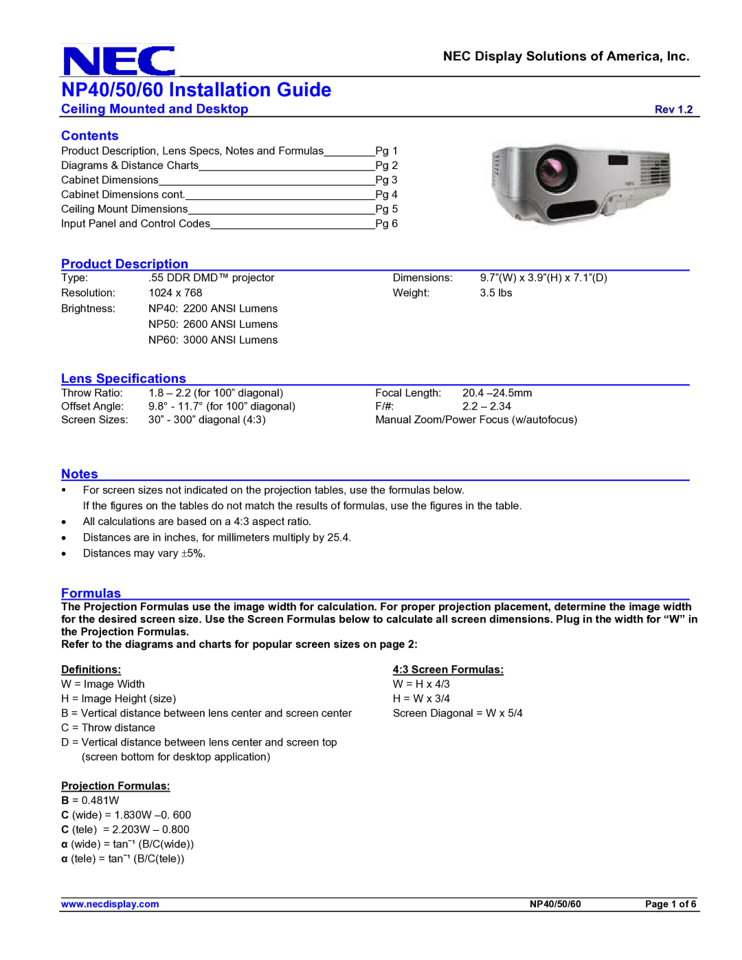 NEC 50, NP40, 60 specifications Ceiling Mounted and Desktop, Contents, Product Description, Lens Specifications, Formulas 