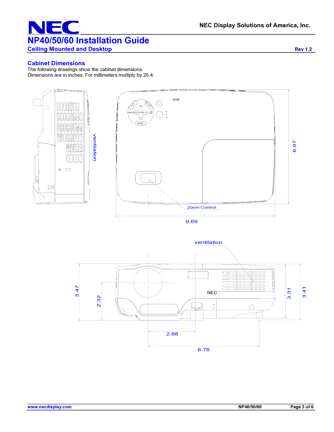 NEC NP40, 50, 60 specifications Cabinet Dimensions 