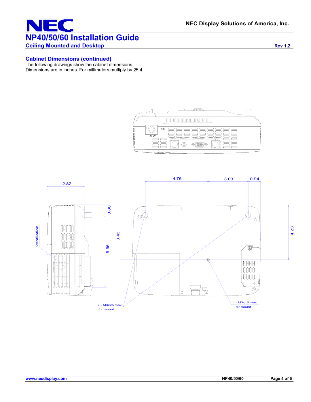 NEC 50, NP40, 60 specifications Ventilation 