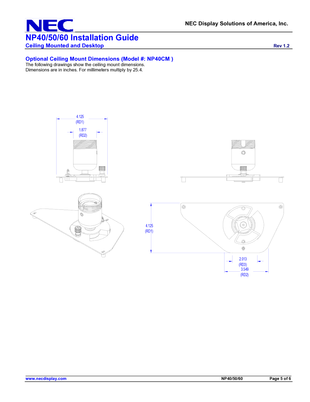 NEC 60, 50 specifications Optional Ceiling Mount Dimensions Model # NP40CM 