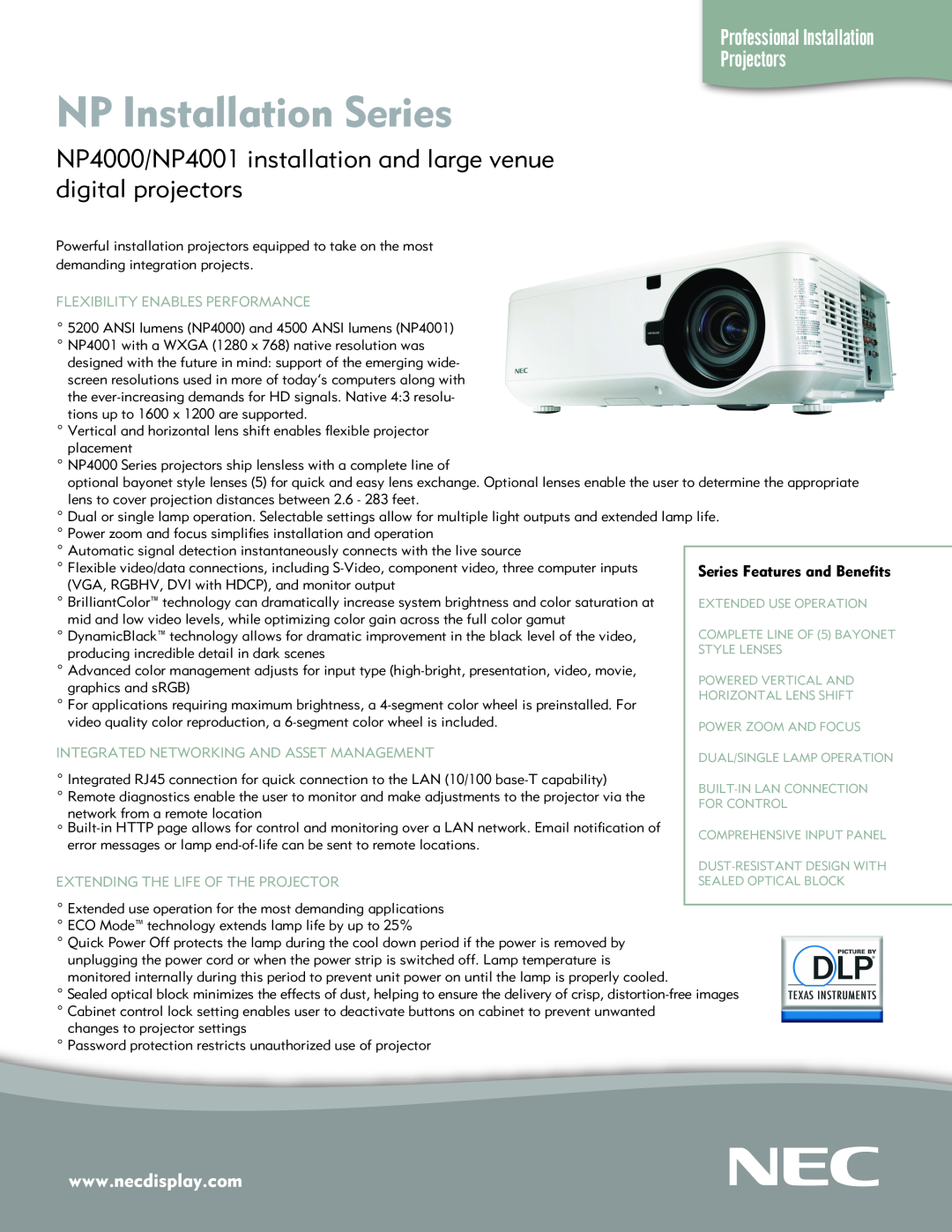 NEC manual NP Installation Series, NP4000/NP4001 installation and large venue digital projectors 