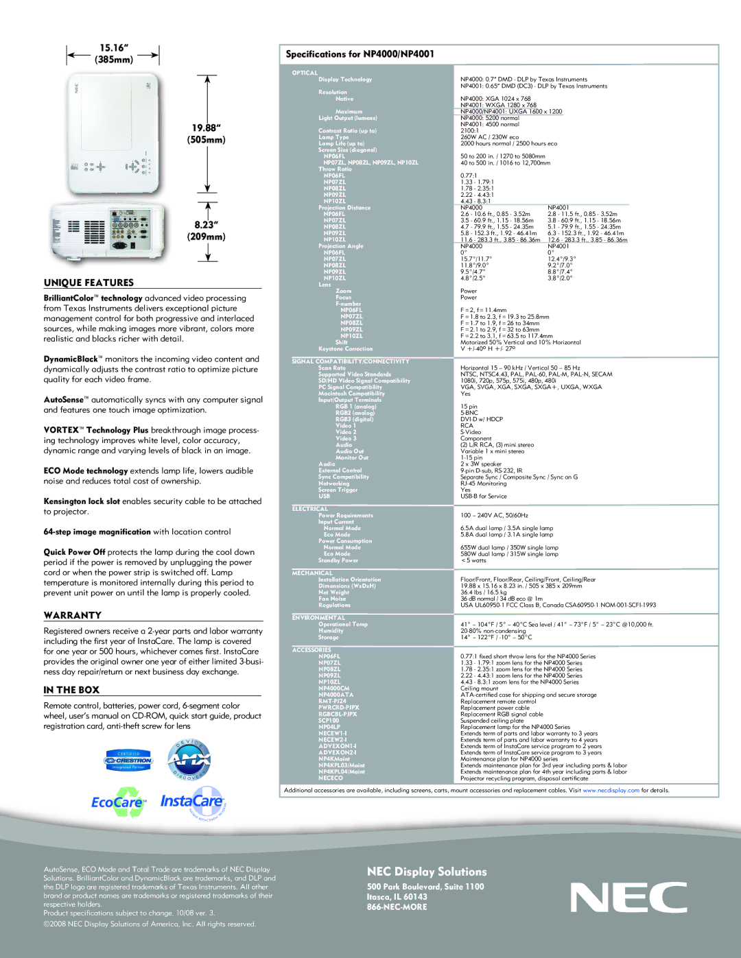 NEC NP4001 manual Unique Features, Warranty, Box 