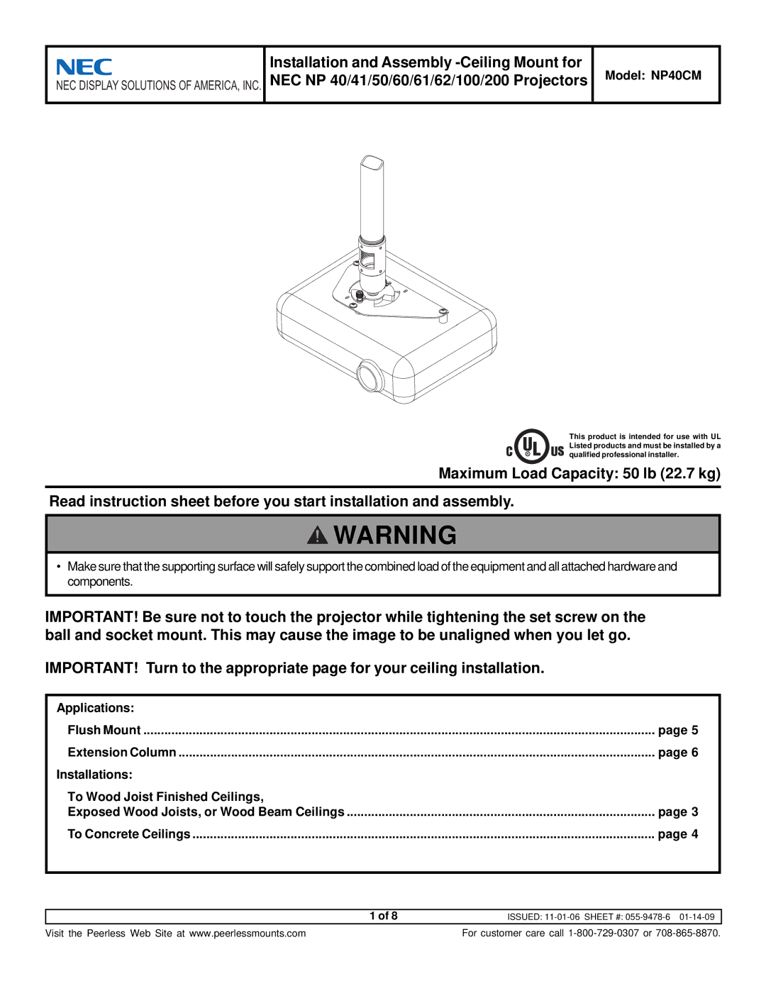 NEC instruction sheet Model NP40CM, Applications, Installations To Wood Joist Finished Ceilings 