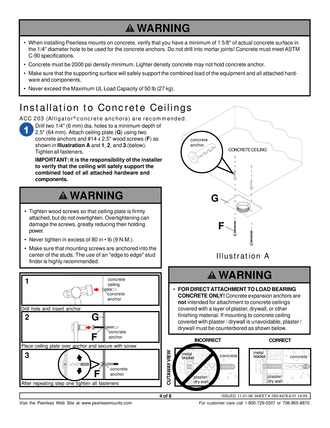 NEC NP40CM instruction sheet Installation to Concrete Ceilings, ACC 203 Alligator concrete anchors are recommended 