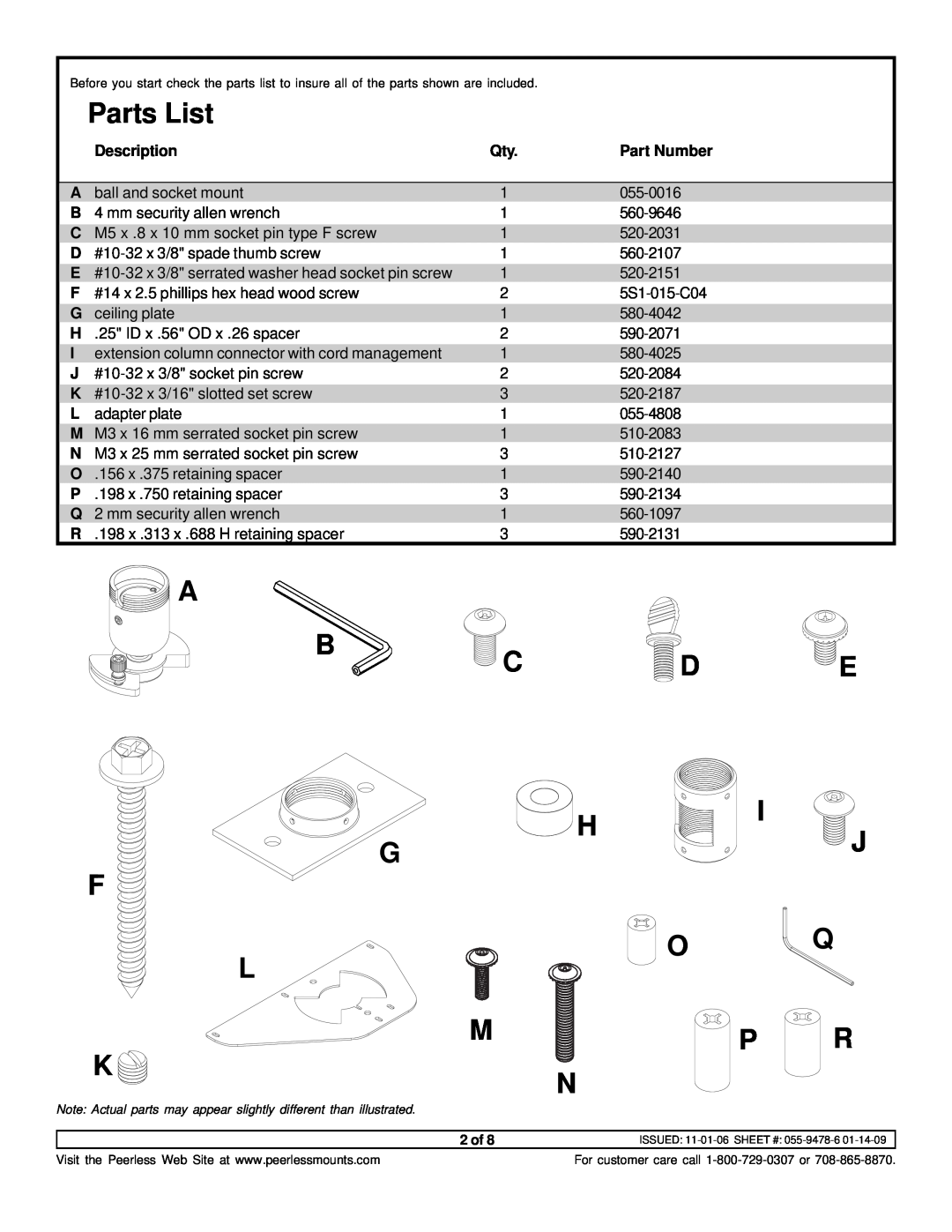 NEC NP40CM instruction sheet Parts List, A B C D H G F, E I J 