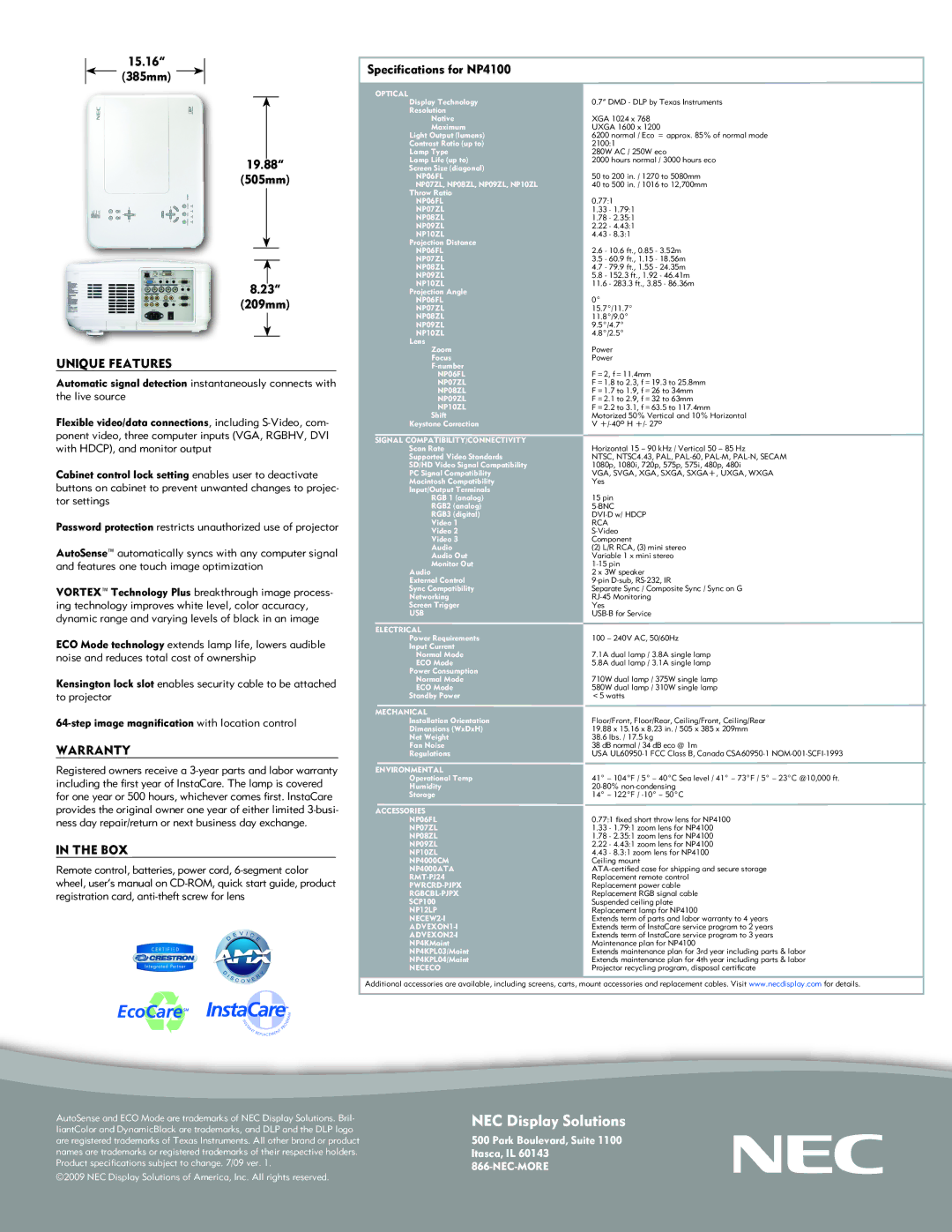 NEC NP4100 manual Unique Features, Warranty, Box 