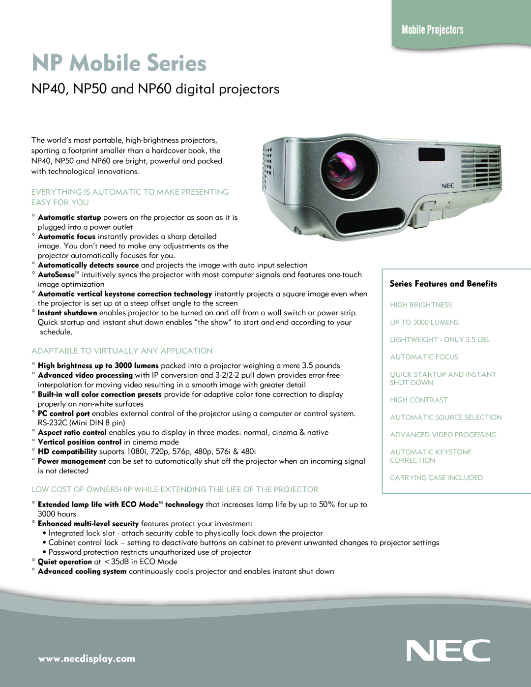 NEC NP40, NP50 quick start Everything is Automatic to Make Presenting Easy for YOU, Adaptable to Virtually ANY Application 