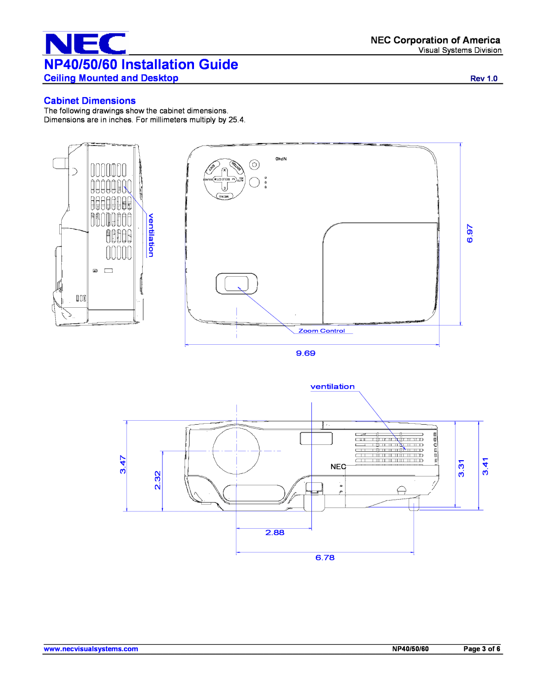 NEC NP60 Ceiling Mounted and Desktop Cabinet Dimensions, NP40/50/60 Installation Guide, ventilation, 3.47, 2.32, 6.97 