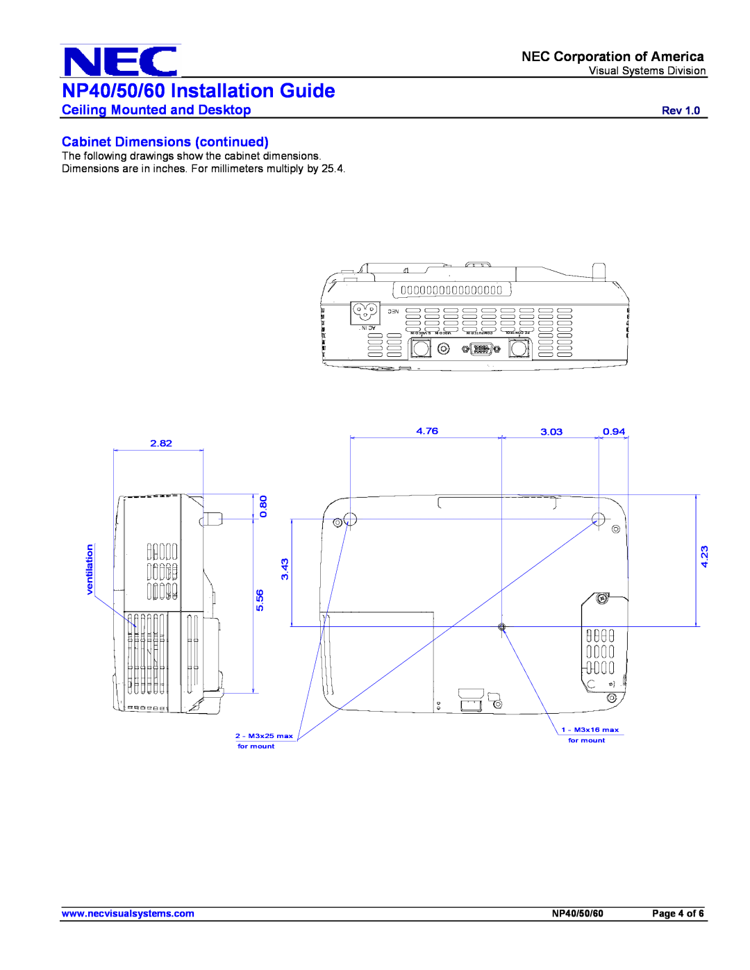 NEC NP50 Cabinet Dimensions continued, NP40/50/60 Installation Guide, NEC Corporation of America, 0.80, ventilation, 5.56 