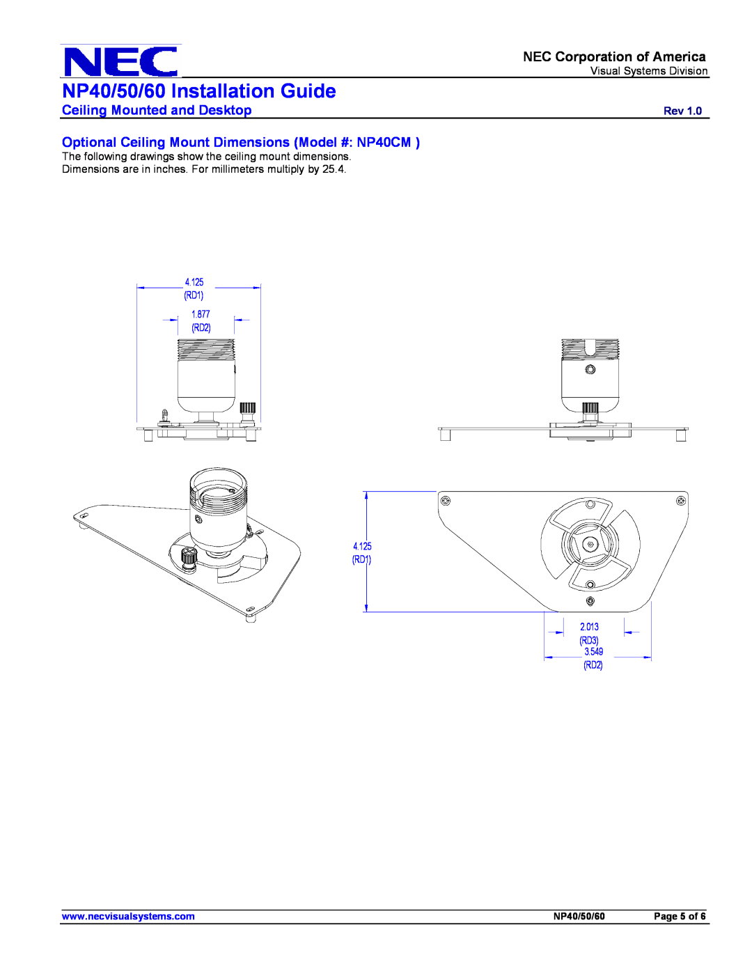 NEC NP60 Optional Ceiling Mount Dimensions Model # NP40CM, NP40/50/60 Installation Guide, NEC Corporation of America 