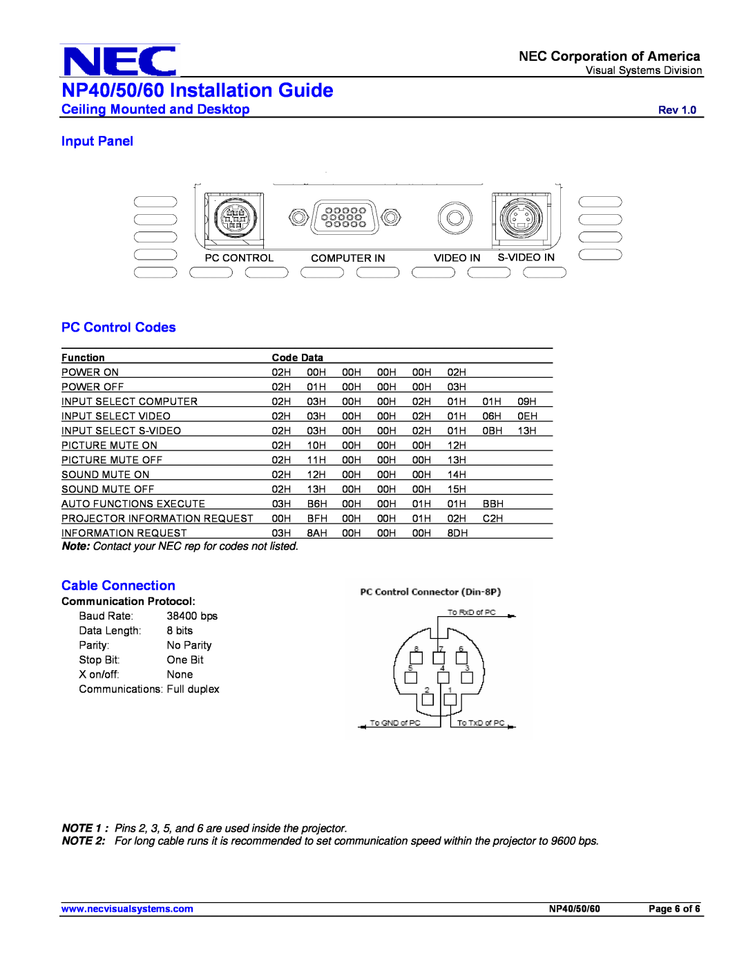 NEC NP60, NP50, NP40 NEC Corporation of America, Input Panel, PC Control Codes, Cable Connection, Communication Protocol 