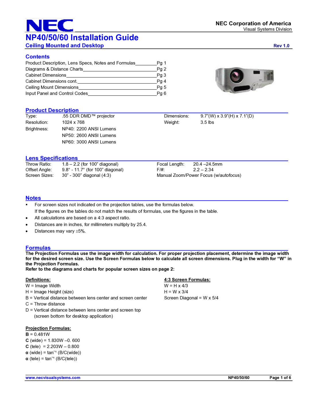 NEC NP50, NP60 specifications Ceiling Mounted and Desktop, Contents, Product Description, Lens Specifications, Formulas 