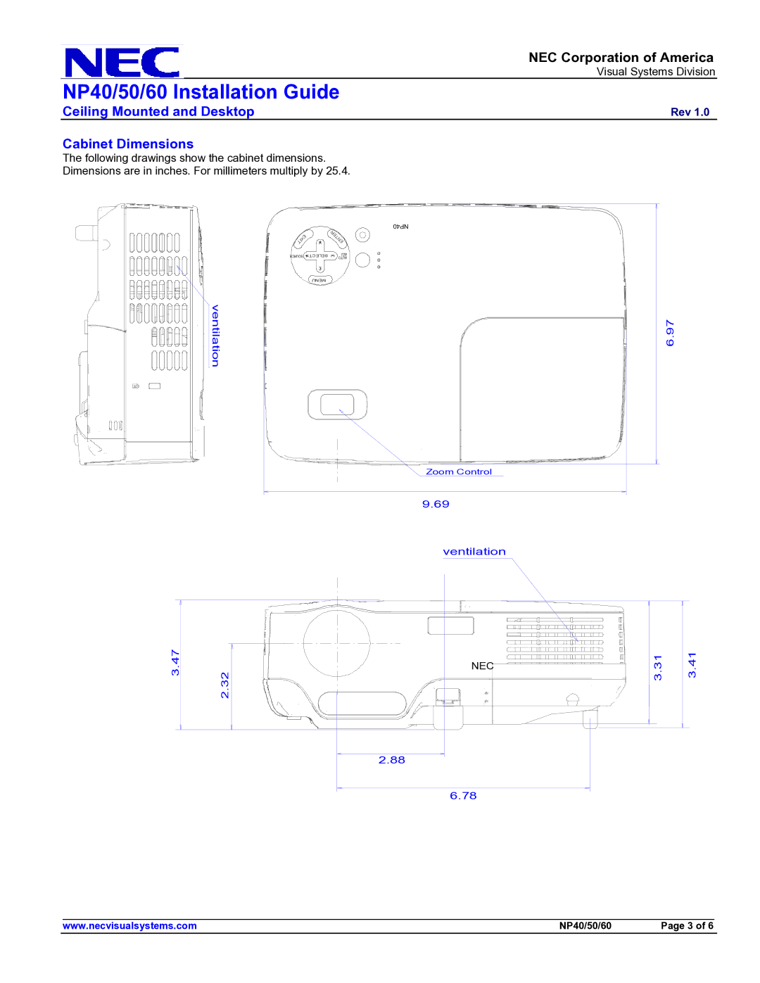 NEC NP60, NP50, NP40 specifications Ceiling Mounted and Desktop Cabinet Dimensions 