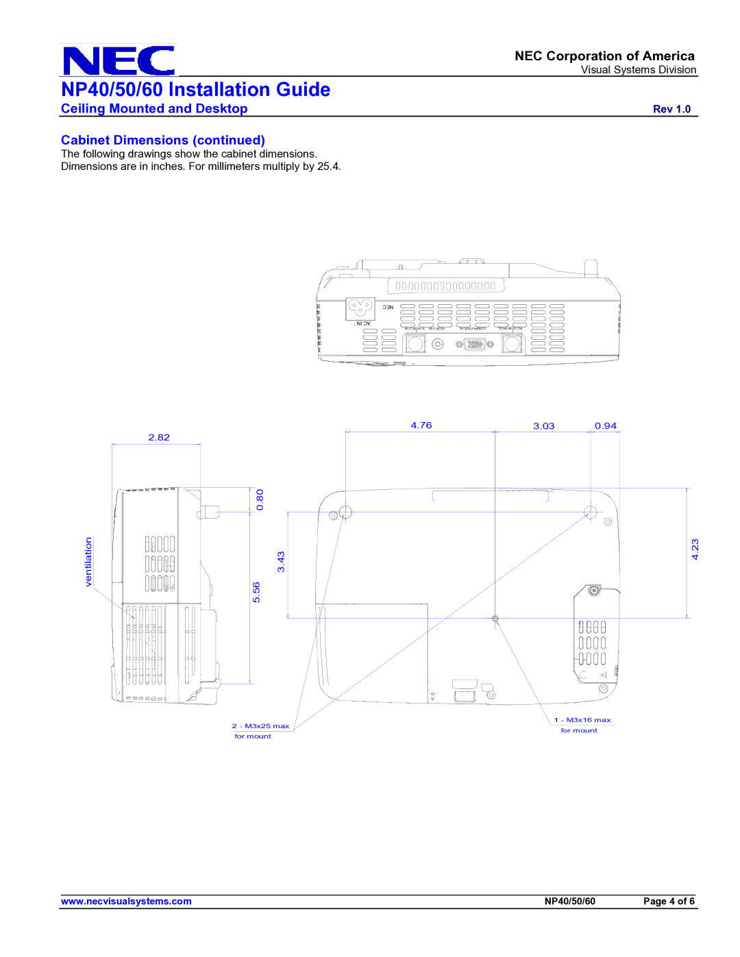 NEC NP50, NP60, NP40 specifications Ventilation 