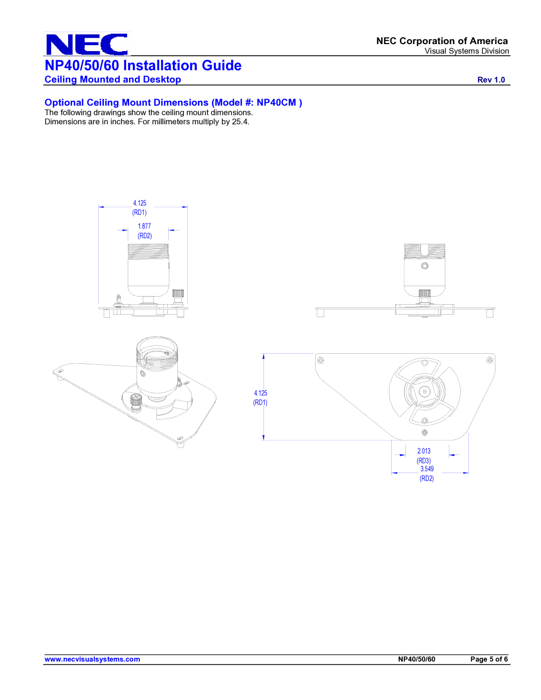 NEC NP60, NP50 specifications Optional Ceiling Mount Dimensions Model # NP40CM 