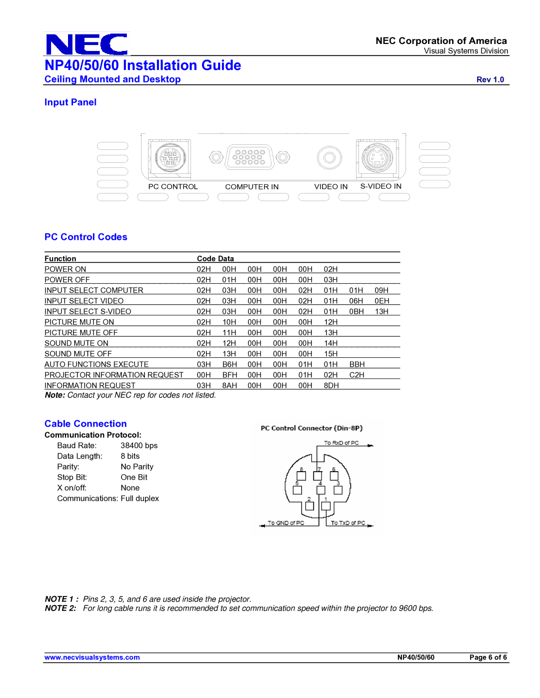 NEC NP60, NP50, NP40 NEC Corporation of America, Input Panel, PC Control Codes, Cable Connection, Communication Protocol 