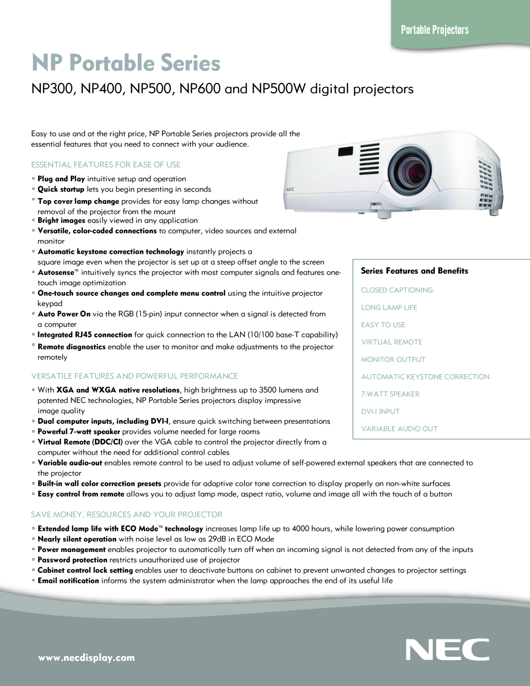 NEC NP500WG, NP600G, NP500G, NP400G user manual NP600/NP500/NP400 NP500W, Portable Projector, User’s Manual 