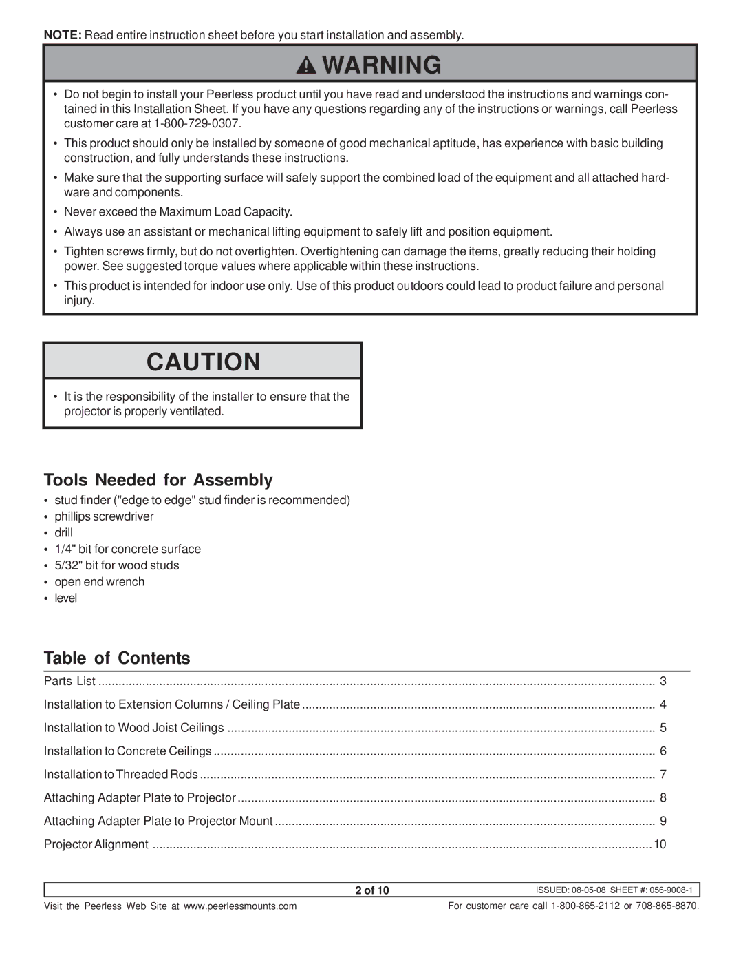 NEC NP600CM manual Tools Needed for Assembly, Table of Contents 