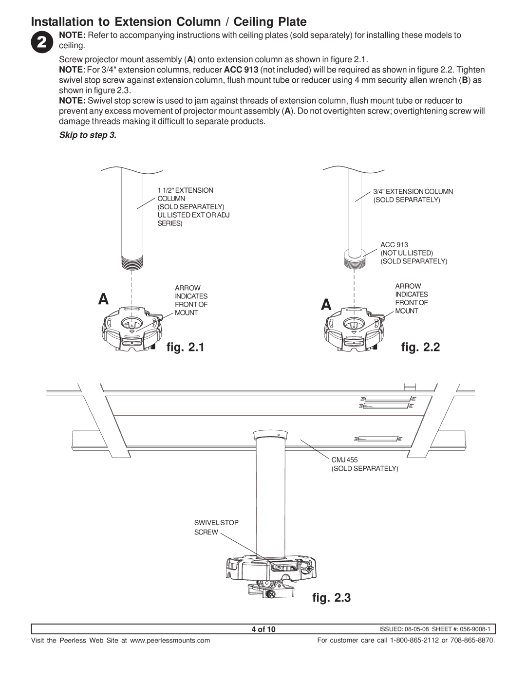 NEC NP600CM manual Installation to Extension Column / Ceiling Plate, Skip to step 