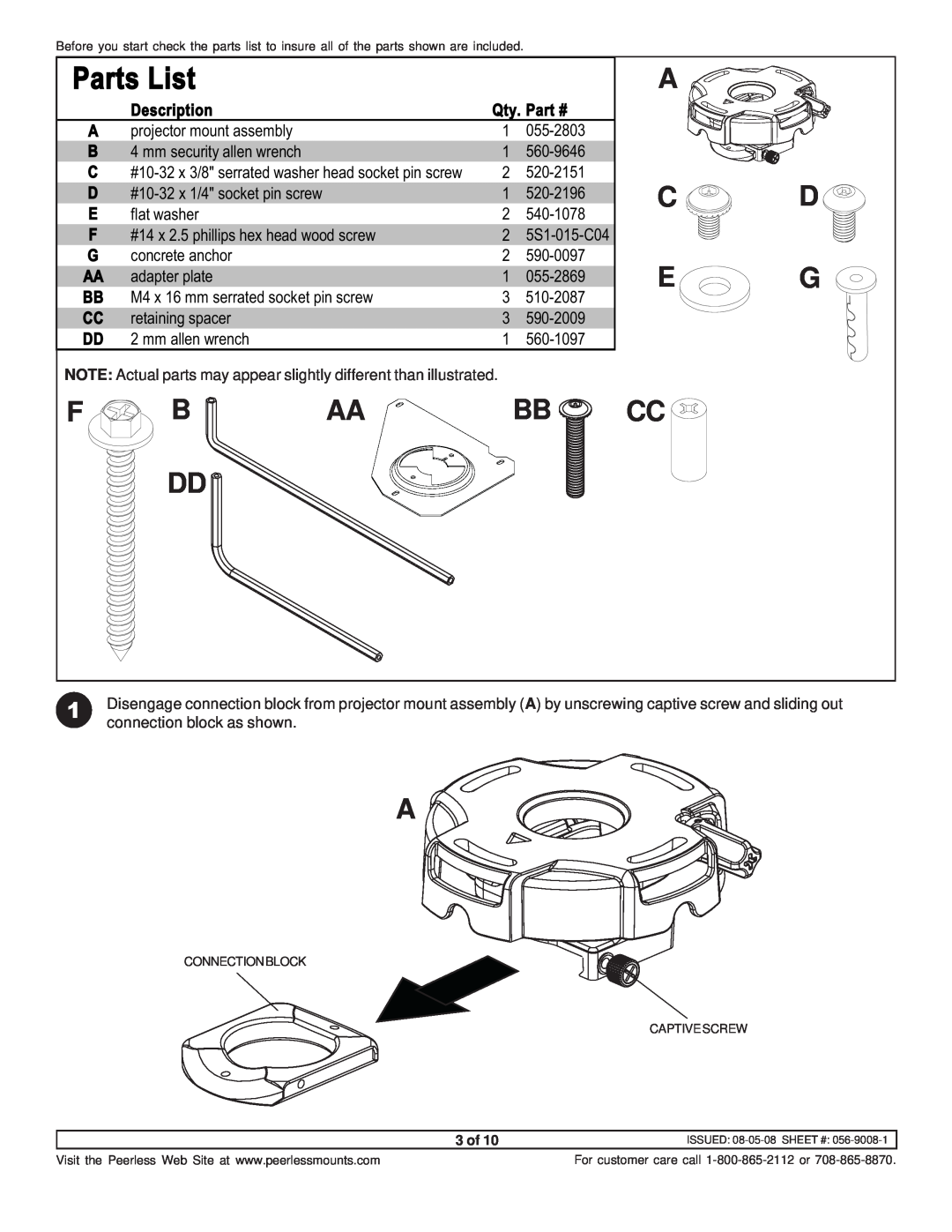 NEC NP600CM manual A C D E G, Parts List, Description, Qty 