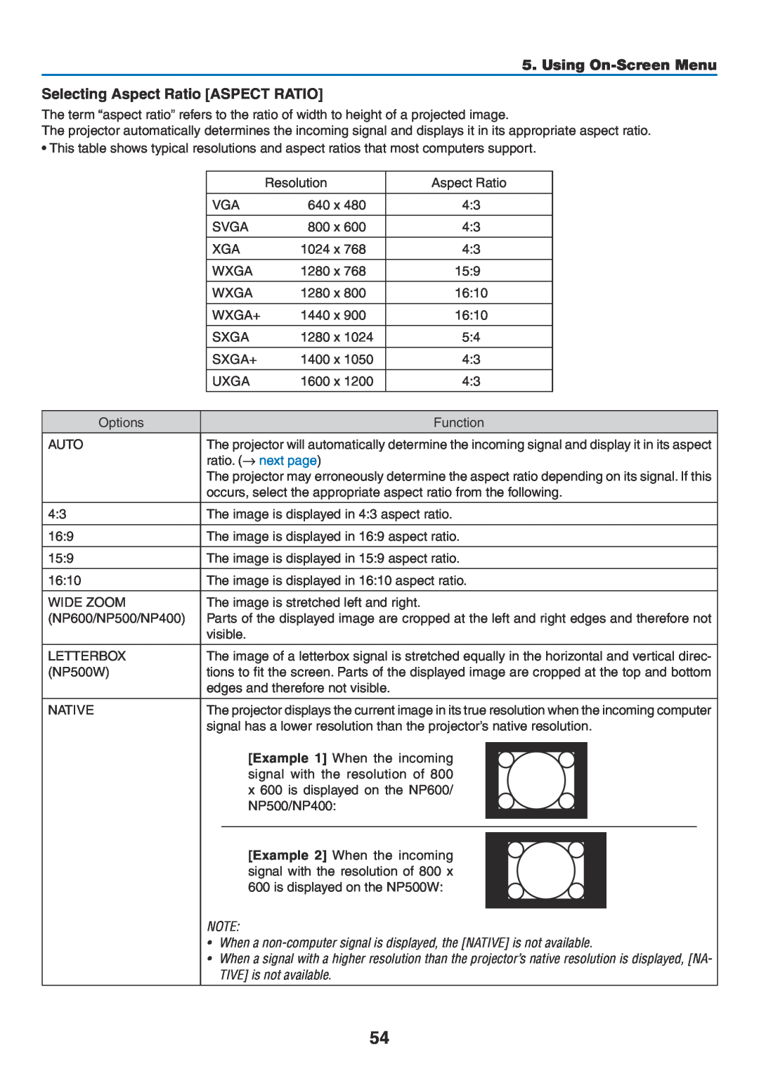 NEC NP600G, NP500WG, NP500G, NP400G user manual Selecting Aspect Ratio ASPECT RATIO, Using On-Screen Menu 