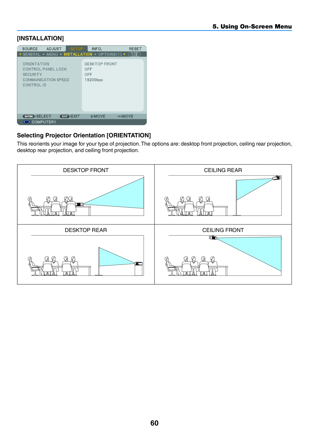 NEC NP400G INSTALLATION Selecting Projector Orientation ORIENTATION, Using On-Screen Menu, Desktop Front, Ceiling Rear 