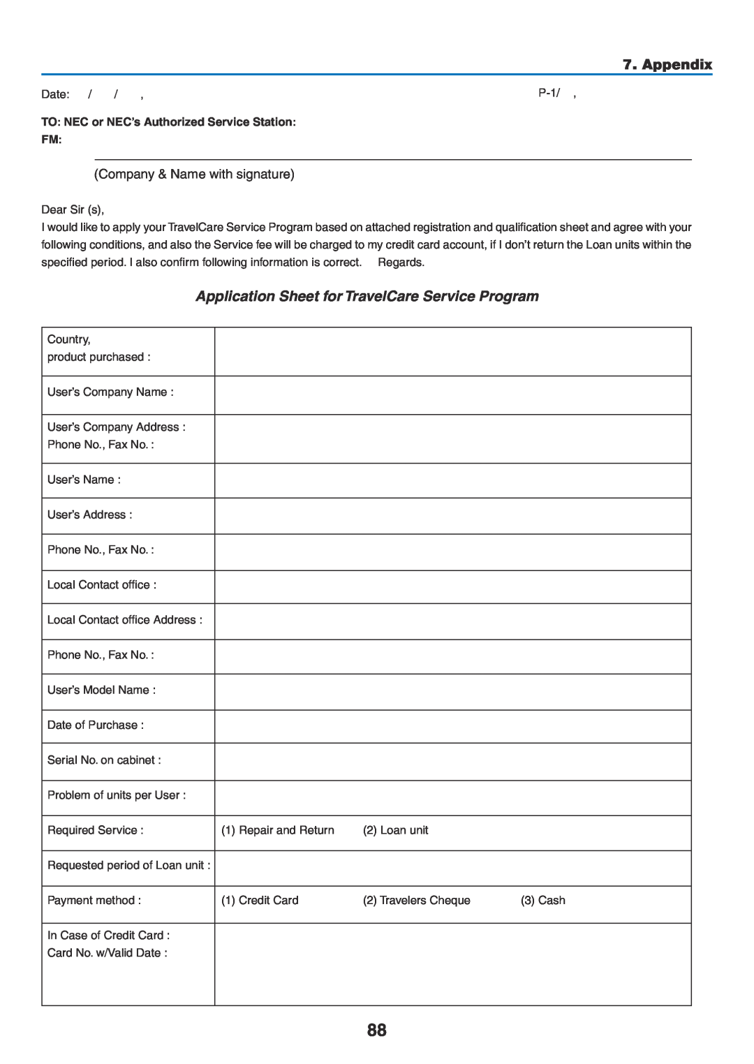 NEC NP400G, NP600G, NP500WG Appendix, Application Sheet for TravelCare Service Program, Company & Name with signature 
