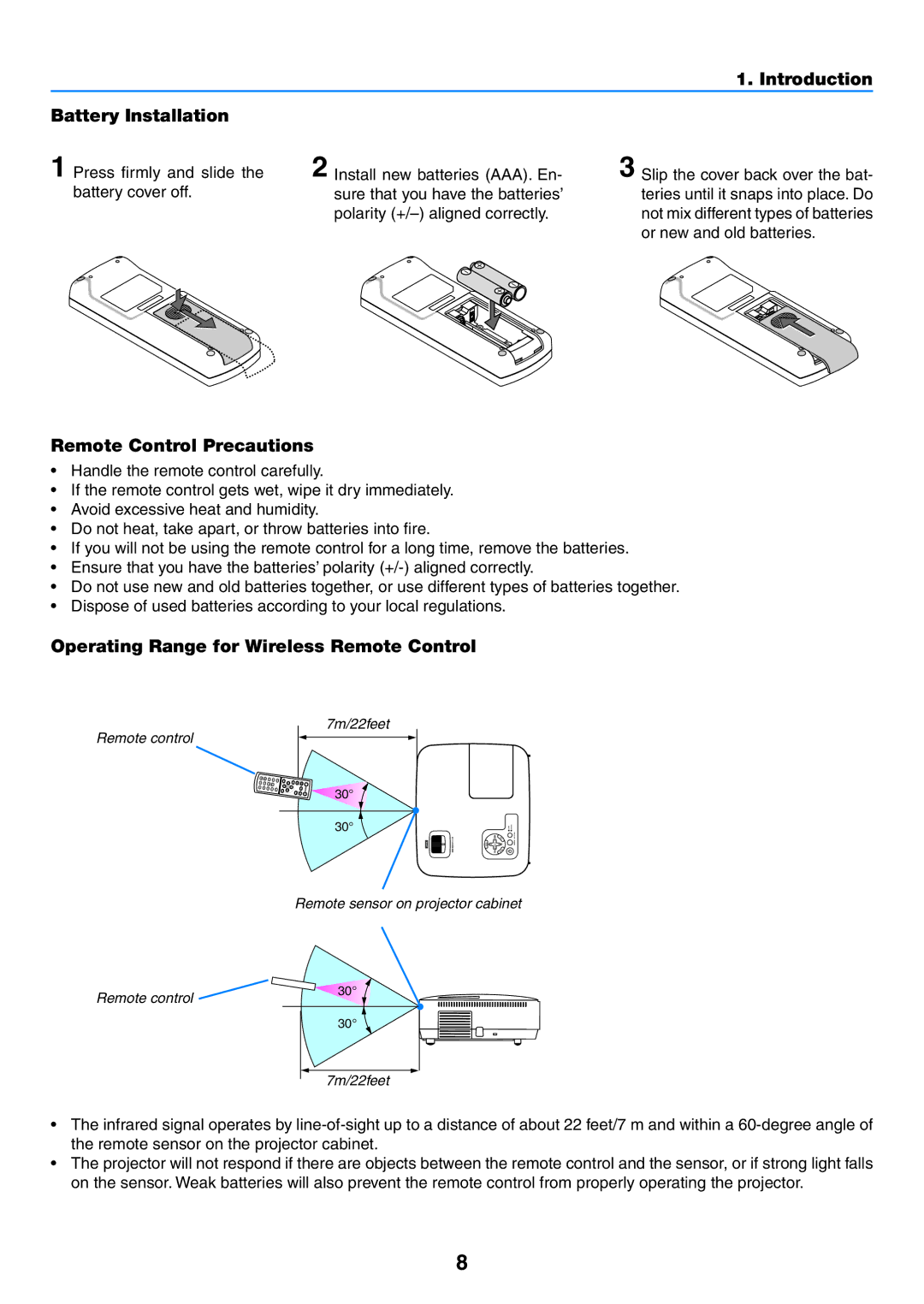 NEC NP600G, NP500WG, NP500G, NP400G Introduction Battery Installation, Operating Range for Wireless Remote Control 