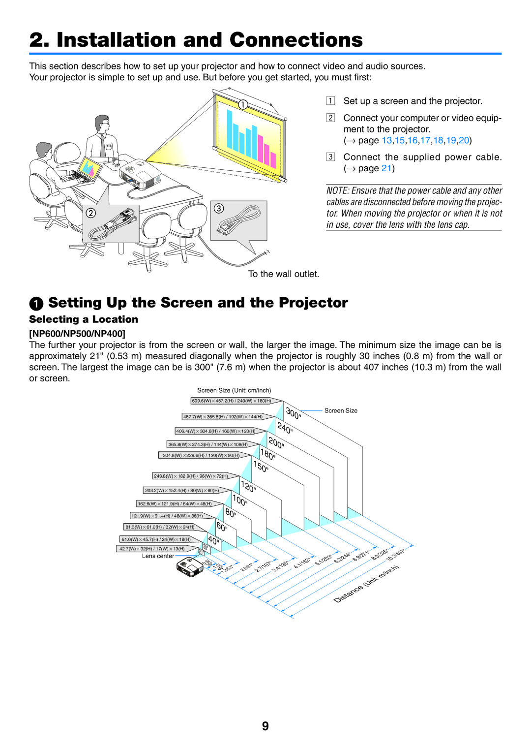 NEC Installation and Connections,  Setting Up the Screen and the Projector, Selecting a Location, NP600/NP500/NP400 