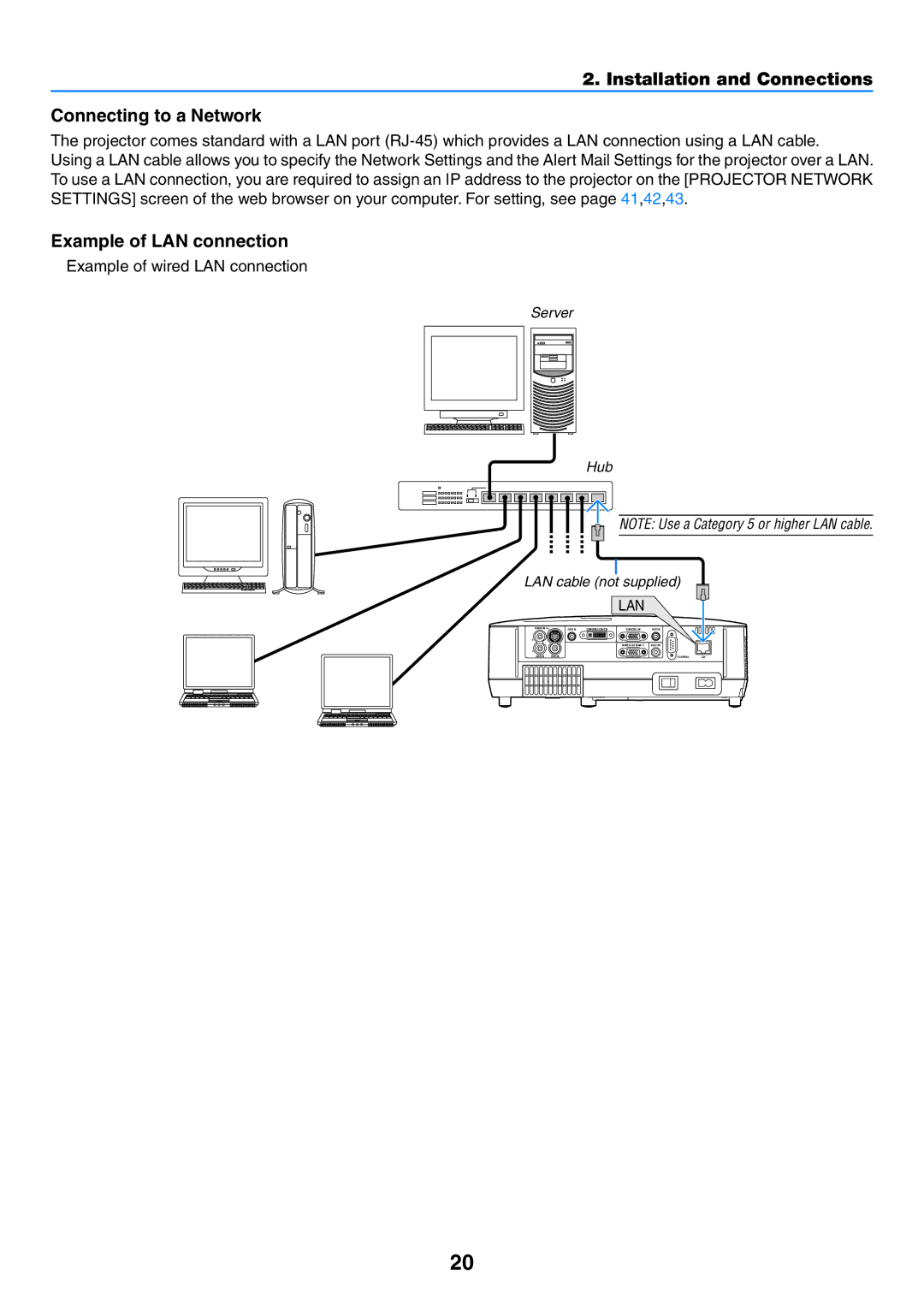 NEC NP500WG, NP600G, NP500G, NP400G Installation and Connections Connecting to a Network, Example of LAN connection 