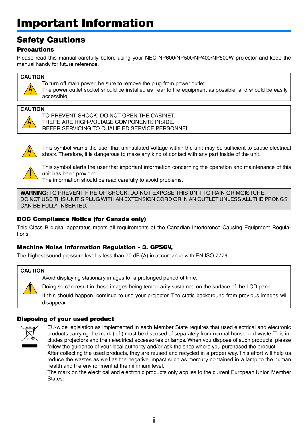 NEC NP600G, NP500WG, NP500G, NP400G user manual Important Information, Safety Cautions 