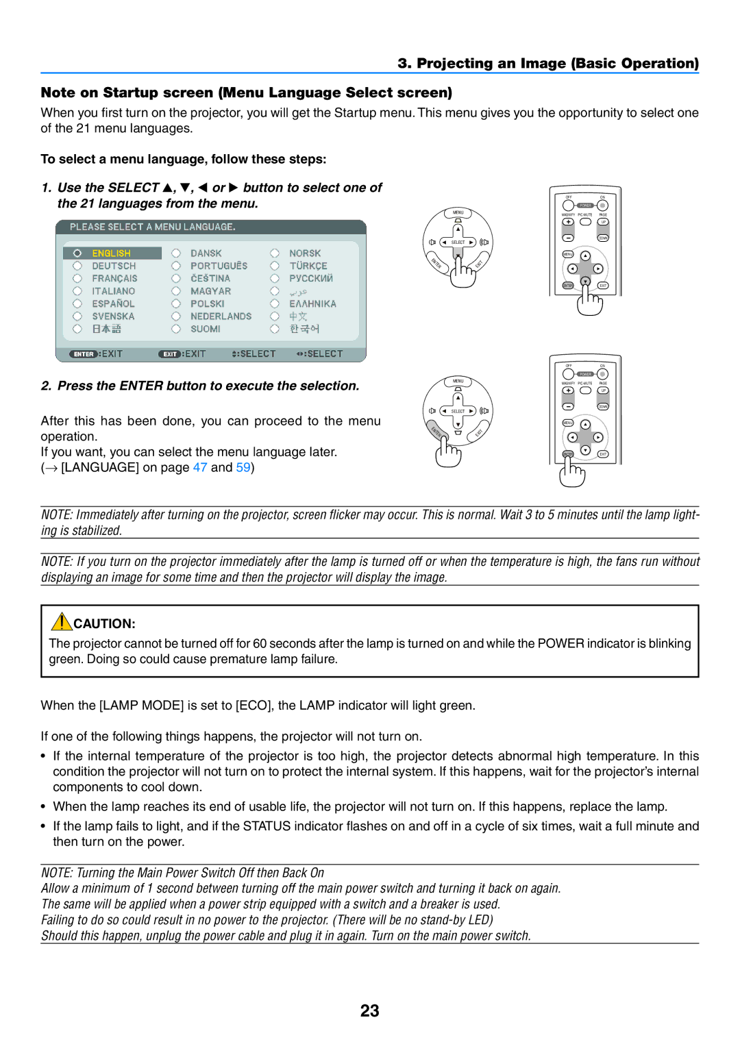 NEC NP600G, NP500WG, NP400, NP500G Projecting an Image Basic Operation, To select a menu language, follow these steps 