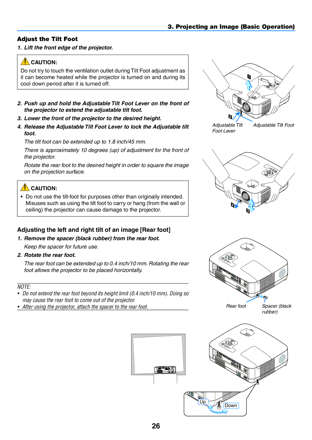 NEC NP600G, NP500WG, NP400 Projecting an Image Basic Operation Adjust the Tilt Foot, Lift the front edge of the projector 