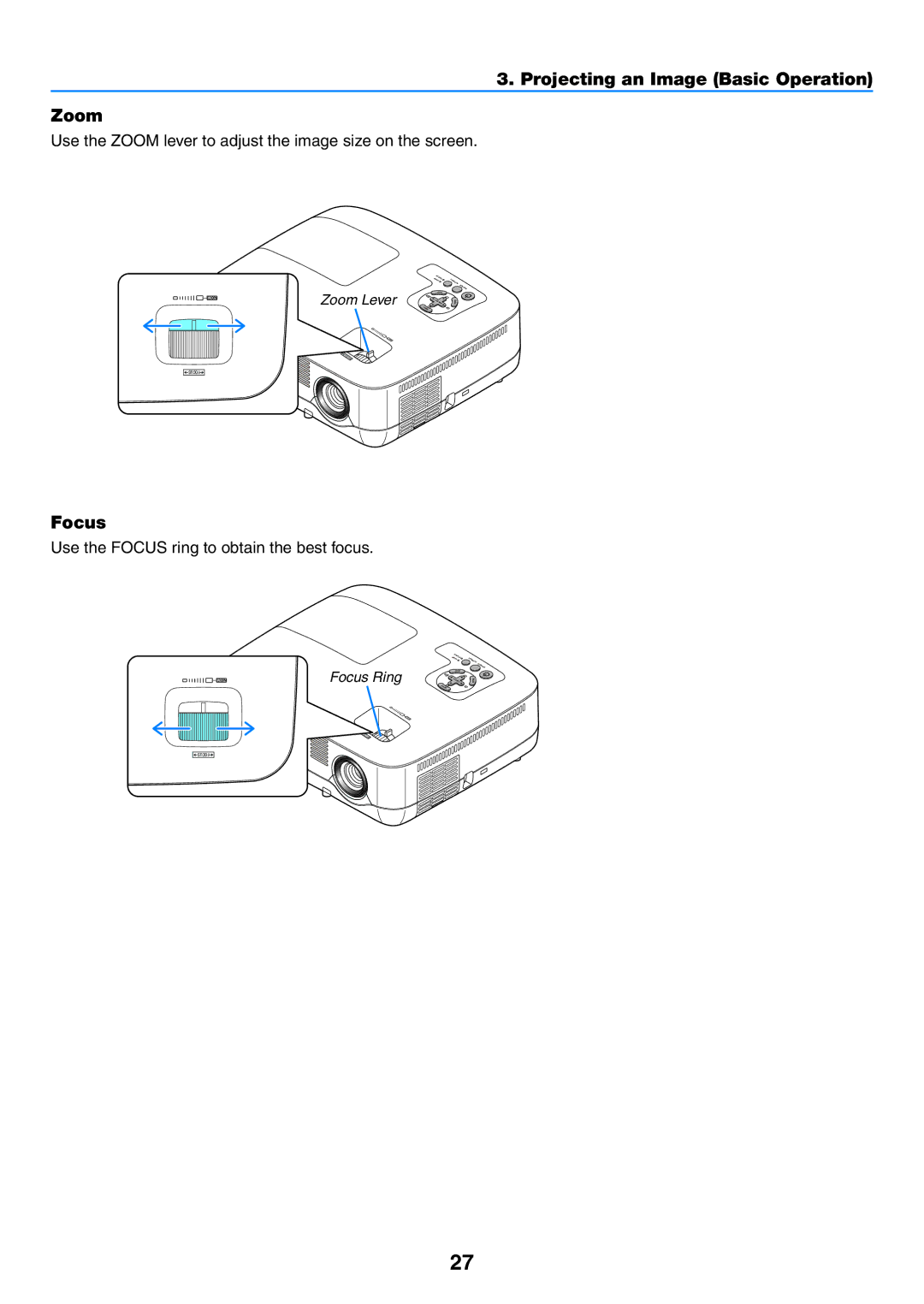 NEC NP500WG Projecting an Image Basic Operation Zoom, Focus, Use the Zoom lever to adjust the image size on the screen 