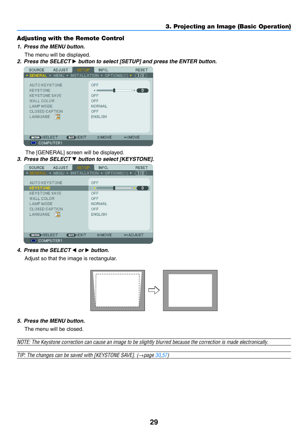 NEC NP600G, NP500WG, NP500G, NP400G Press the Menu button, Menu will be displayed, General screen will be displayed 