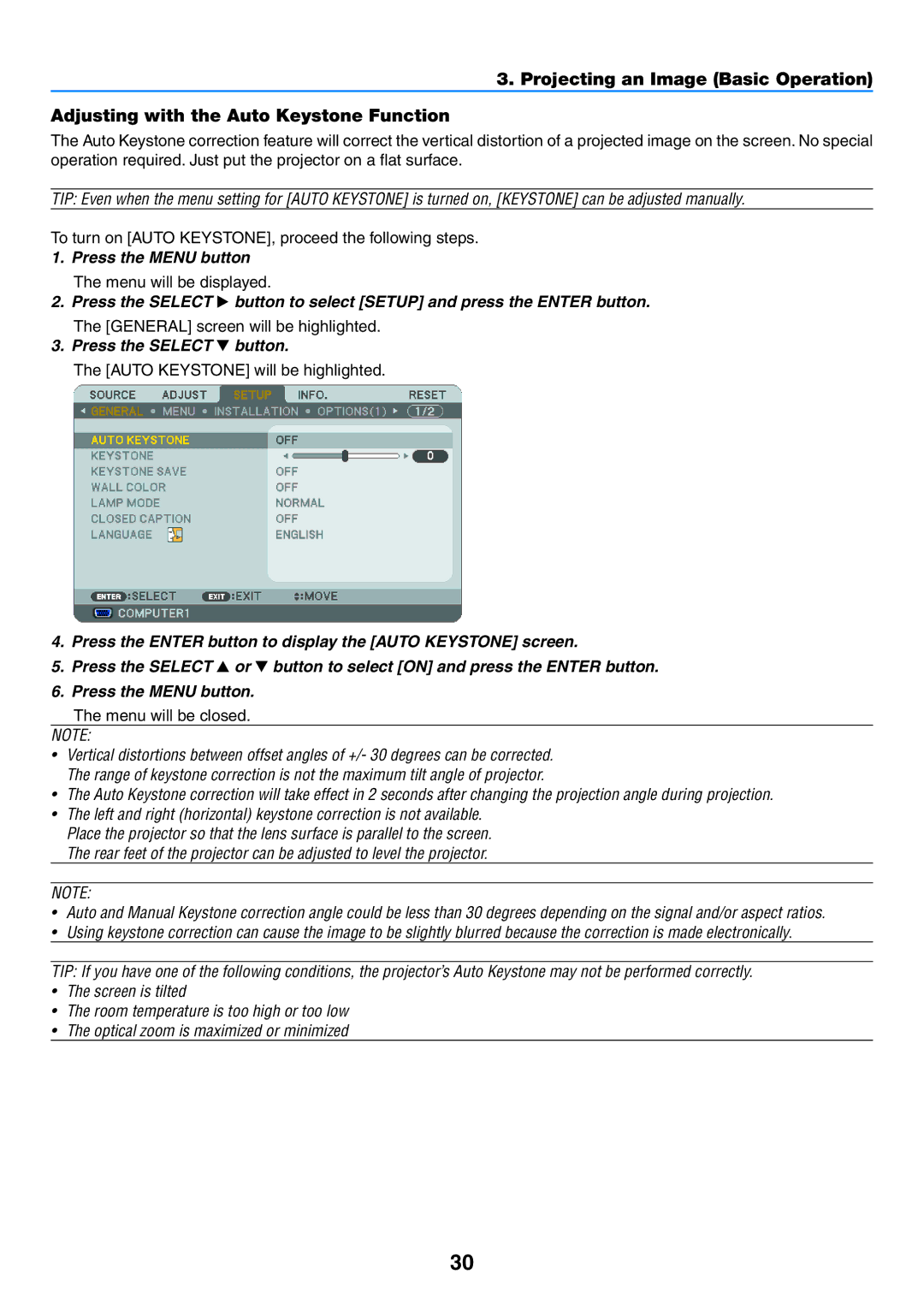 NEC NP500 To turn on Auto KEYSTONE, proceed the following steps, General screen will be highlighted, Menu will be closed 