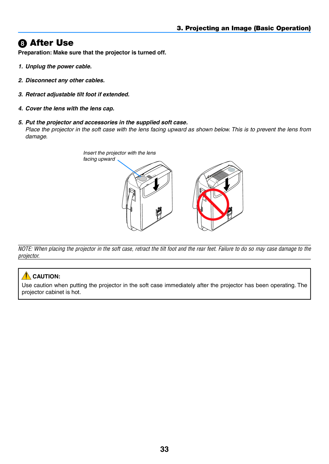 NEC NP600G, NP500WG, NP500G, NP400G user manual  After Use, Preparation Make sure that the projector is turned off 