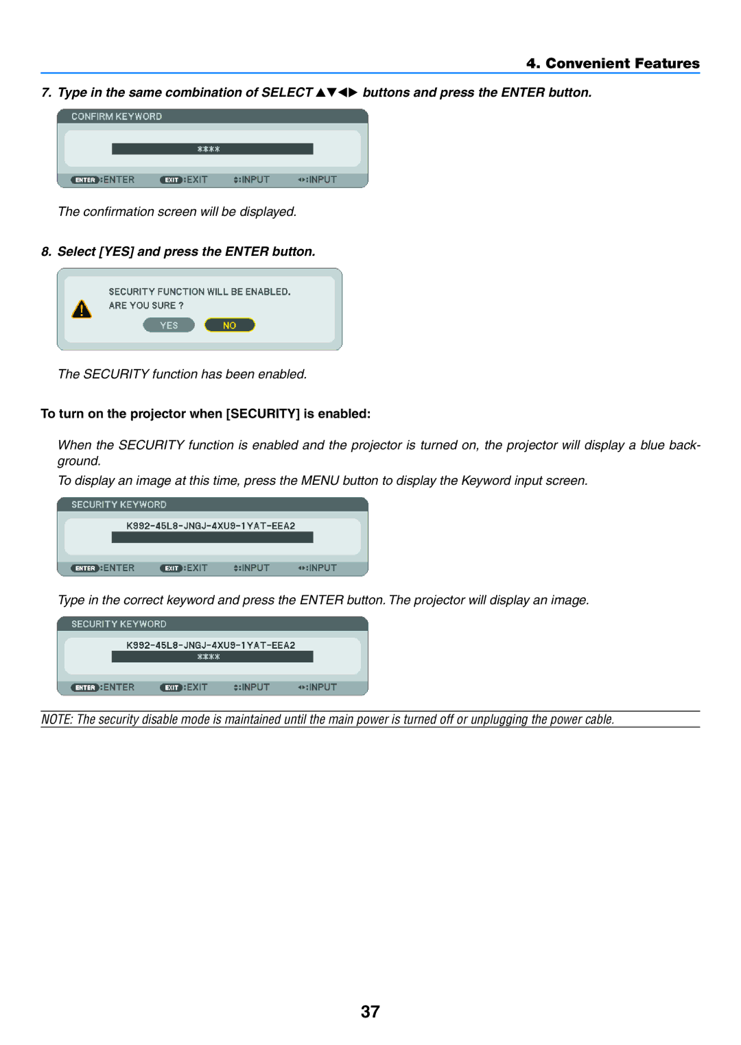 NEC NP600G, NP500WG, NP400 Select YES and press the Enter button, To turn on the projector when Security is enabled 