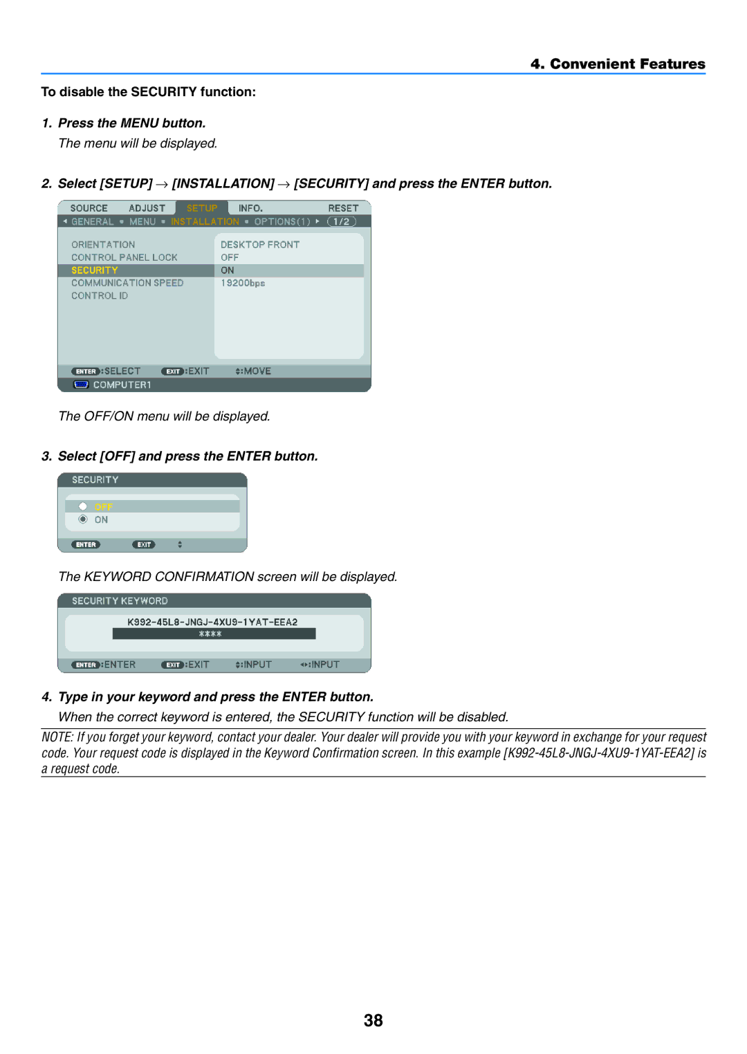 NEC NP500G, NP600G, NP500WG, NP400G user manual To disable the Security function, Select OFF and press the Enter button 