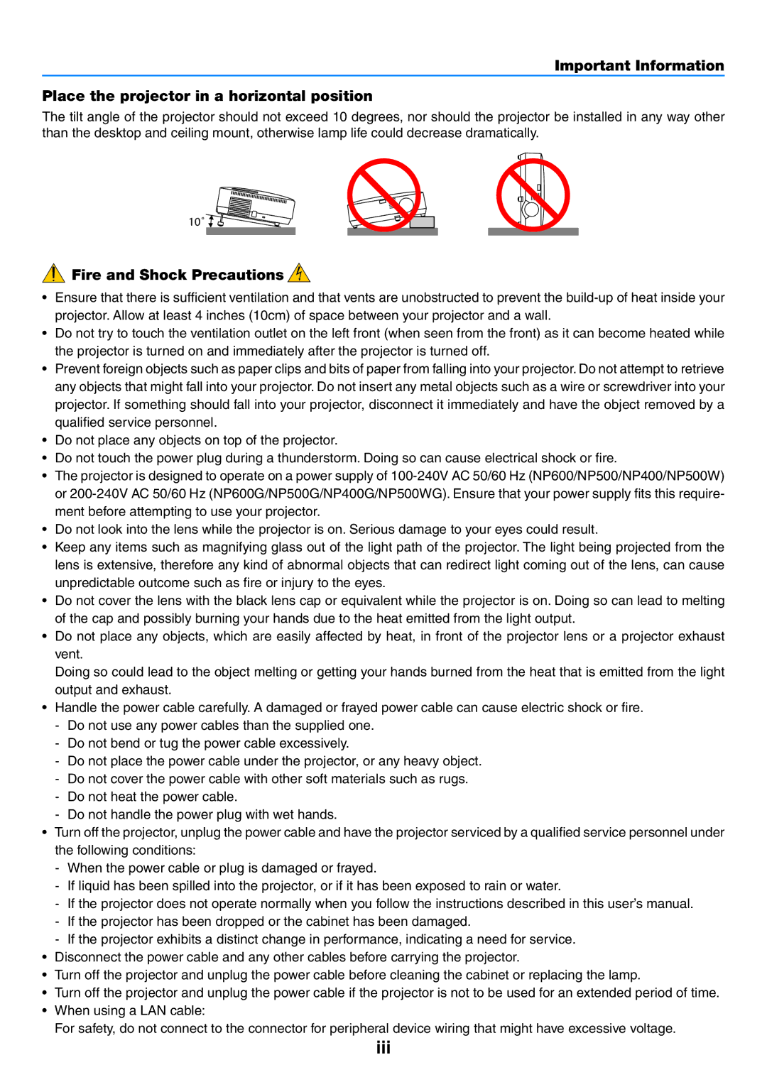 NEC NP500G, NP600G, NP500WG, NP400G user manual Iii, Fire and Shock Precautions 