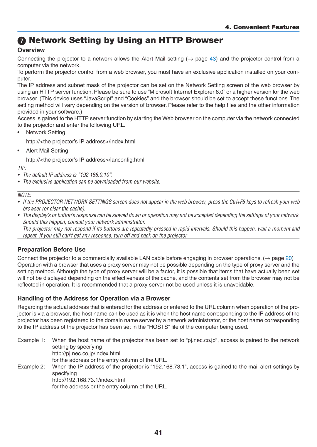 NEC NP500WG, NP600G, NP500G, NP400G user manual Network Setting by Using an Http Browser, Overview, Preparation Before Use 