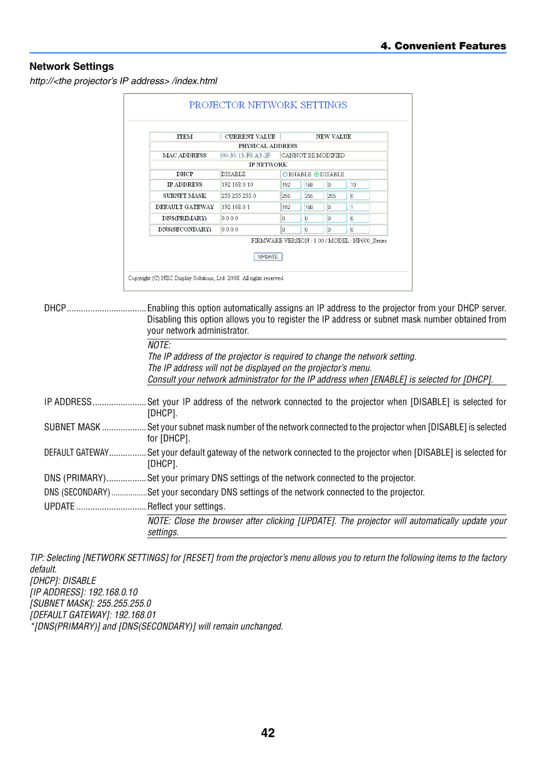 NEC NP500W, NP600G, NP400 Convenient Features Network Settings, Your network administrator, For Dhcp, Reflect your settings 