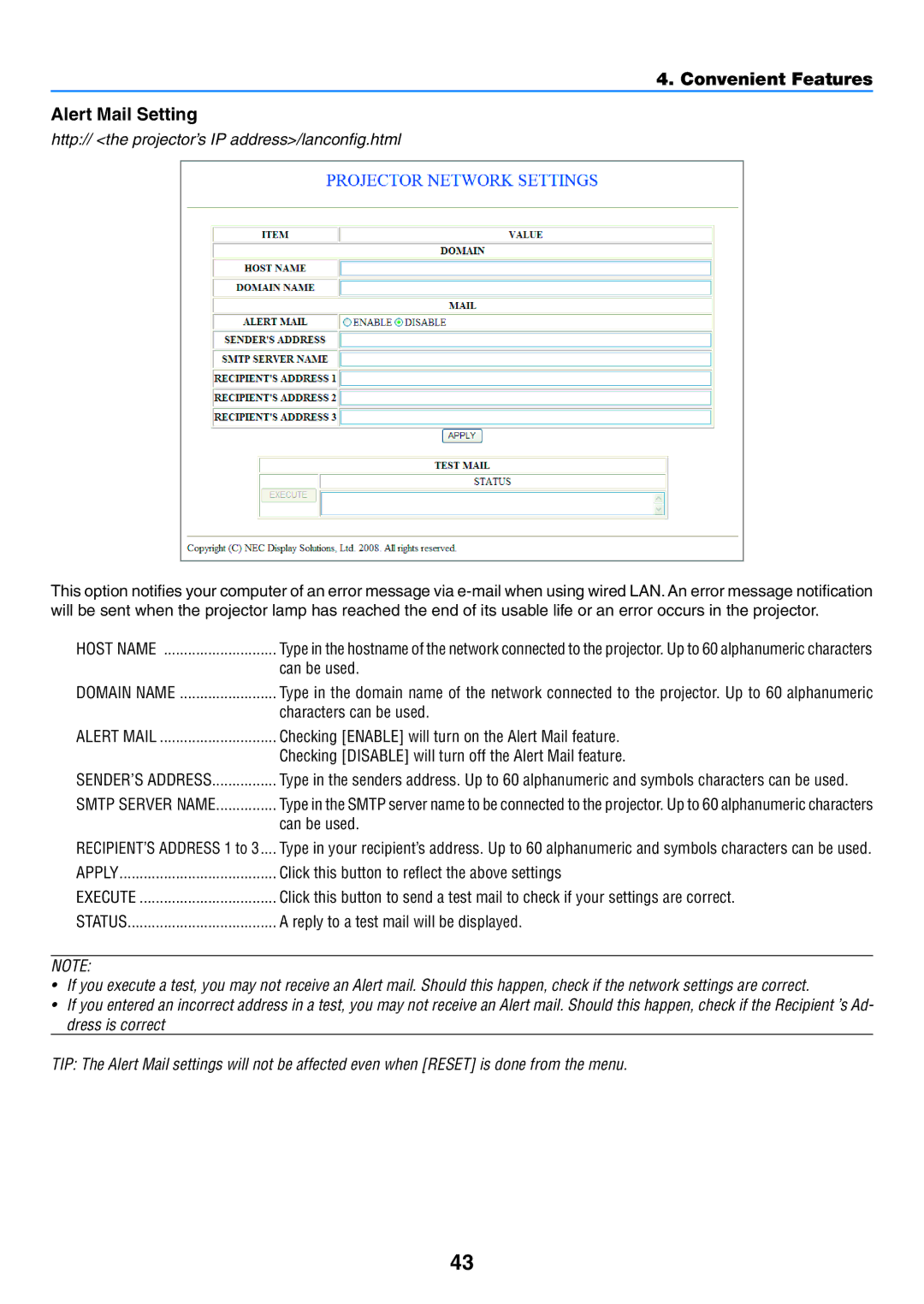 NEC NP600G, NP500WG, NP500G, NP400G user manual Convenient Features Alert Mail Setting 