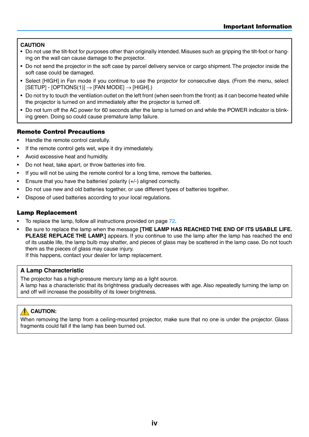 NEC NP400G, NP600G, NP500WG, NP500G user manual Remote Control Precautions, Lamp Replacement, Lamp Characteristic 