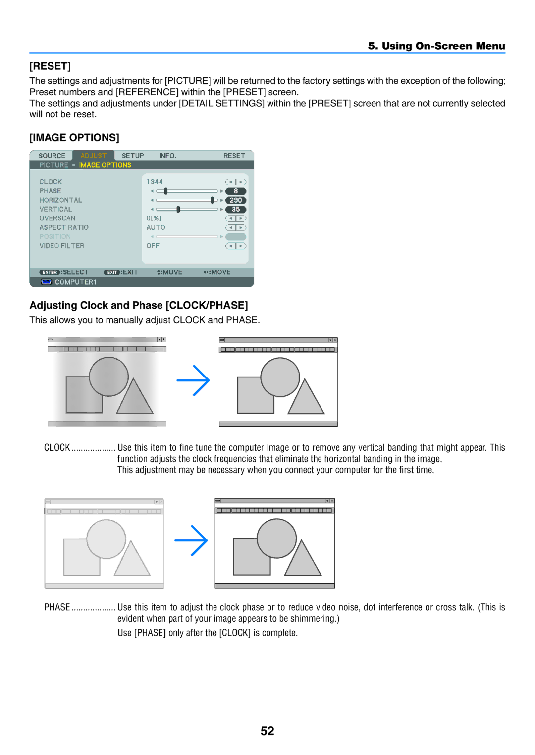 NEC NP500G, NP600G, NP500WG, NP400G user manual Reset, Image Options, Adjusting Clock and Phase CLOCK/PHASE 