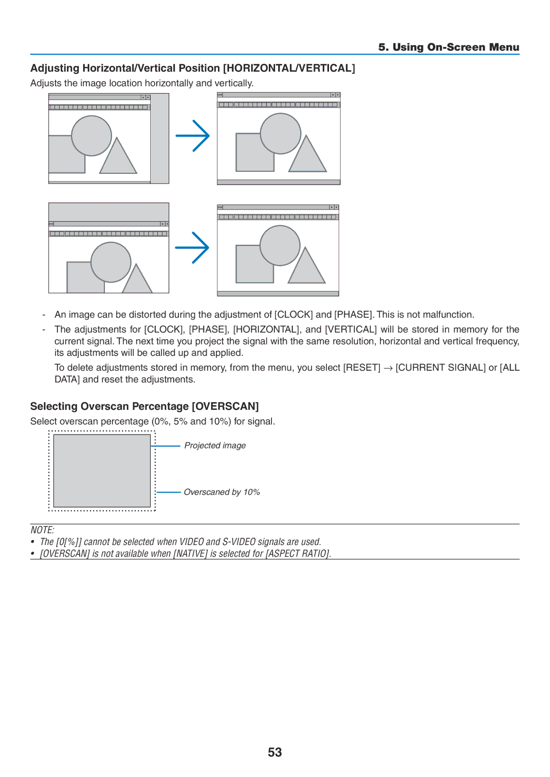 NEC NP400G, NP600G, NP500WG Selecting Overscan Percentage Overscan, Select overscan percentage 0%, 5% and 10% for signal 