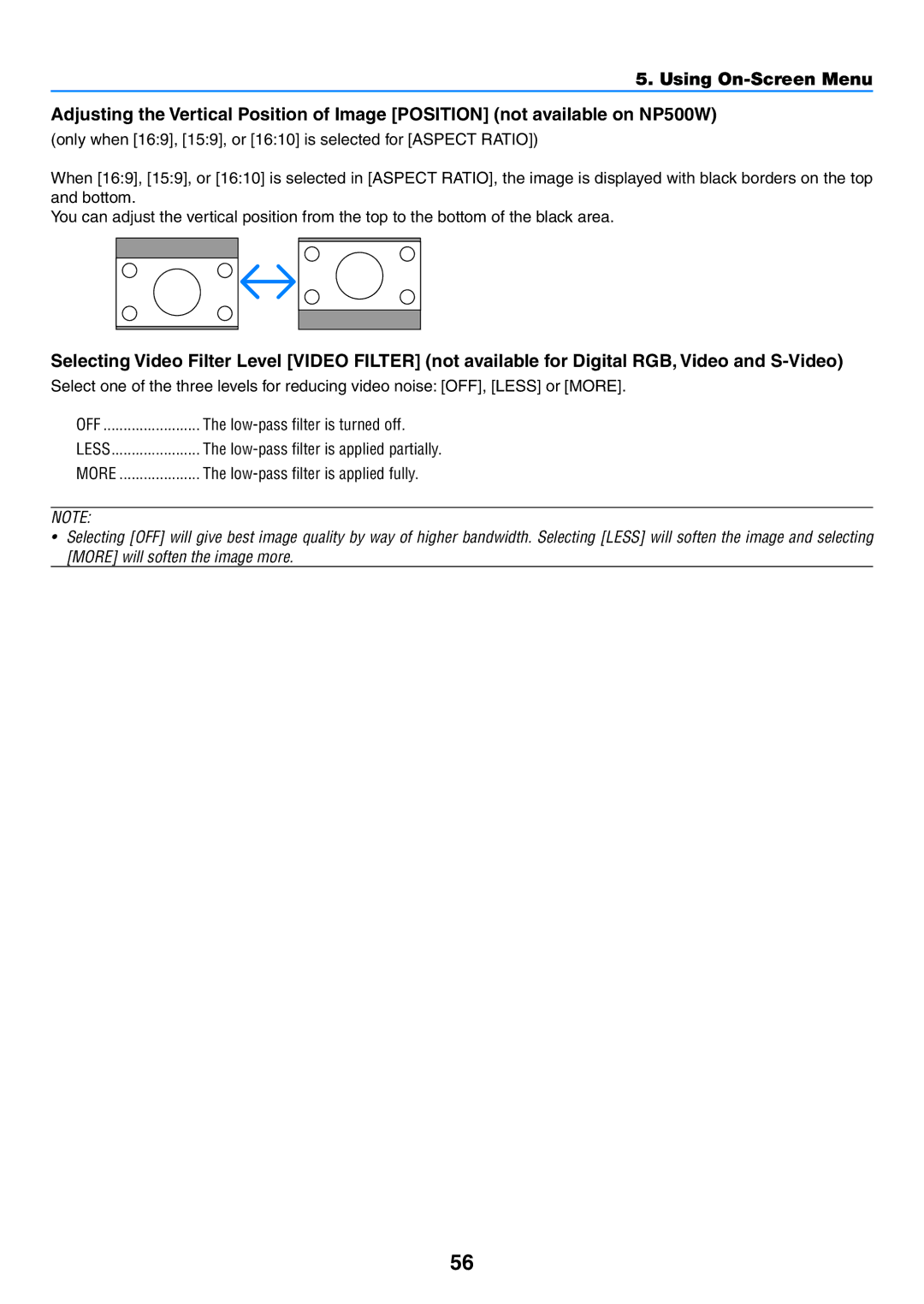 NEC NP600G, NP500WG, NP500G, NP400G user manual Low-pass filter is turned off 